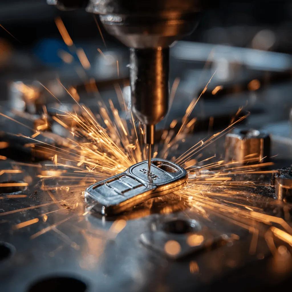Automotive key cutting with sparks for mobile locksmith service in Granbury, TX